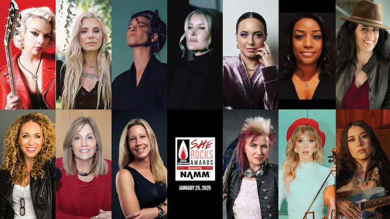 photo, L to R: Samantha Fish (photo Daniel Hardesty, Christina Perri, Amanda Palmer (photo vhoycreative), Paula Cole (photo Ebru Yildiz), , AIJIA (photo Eli Chavez), LaTrice Burnette, Nurit Siegel-Smith, Katie Daryl (photo Steward Volland), Christine Schyvinck, Theresa Hoffman, Jennifer Batten (photo Dorothy), Lindsey Stirling (photo Heather Koepp), Shantaia, She Rocks 2025